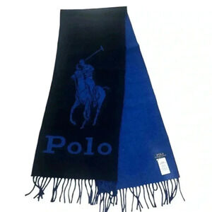 NEW Polo Ralph Lauren Men's Blue Merino Italy Wool Scarf Polo Pony Graphic